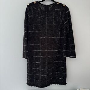 Massimo Dutti Black Tweed Check Dress –Gold Button Shoulder Detail & Frayed Hem